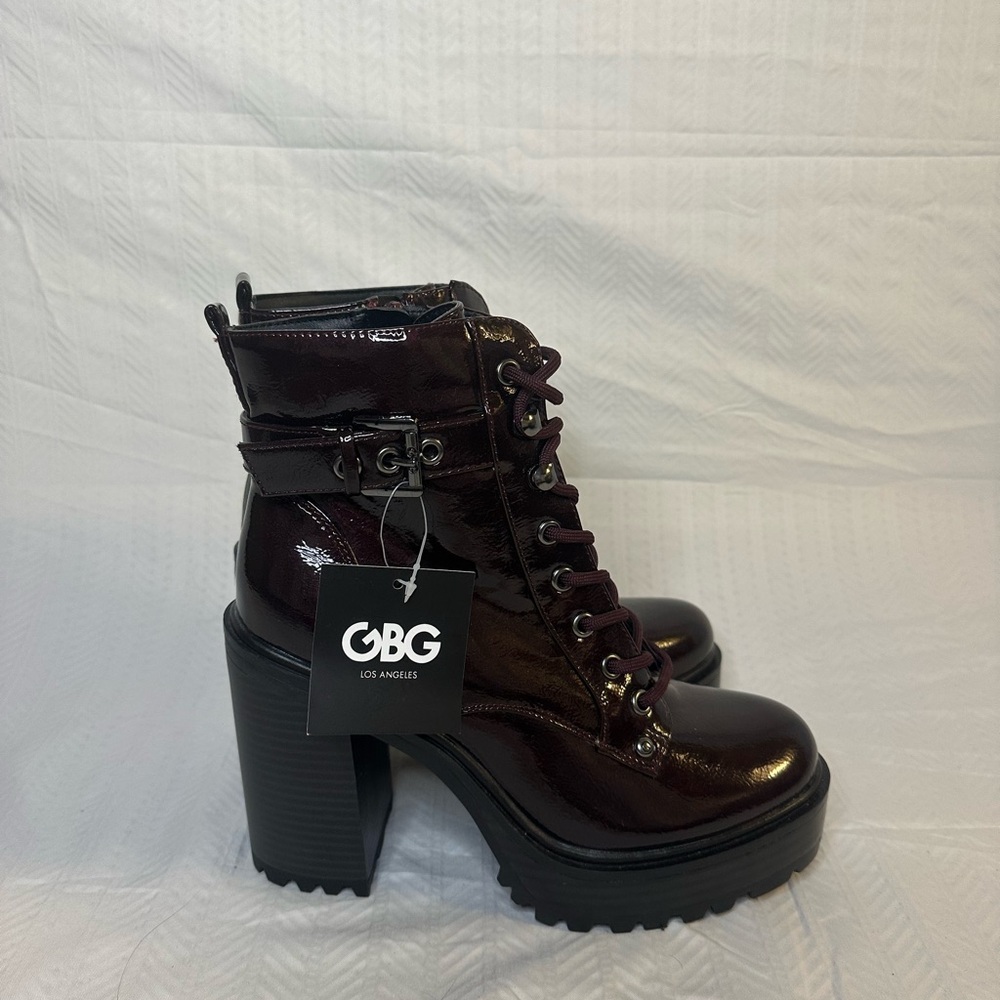 GBG Los Angeles Women's Glossy Burgundy Lace Up Boots